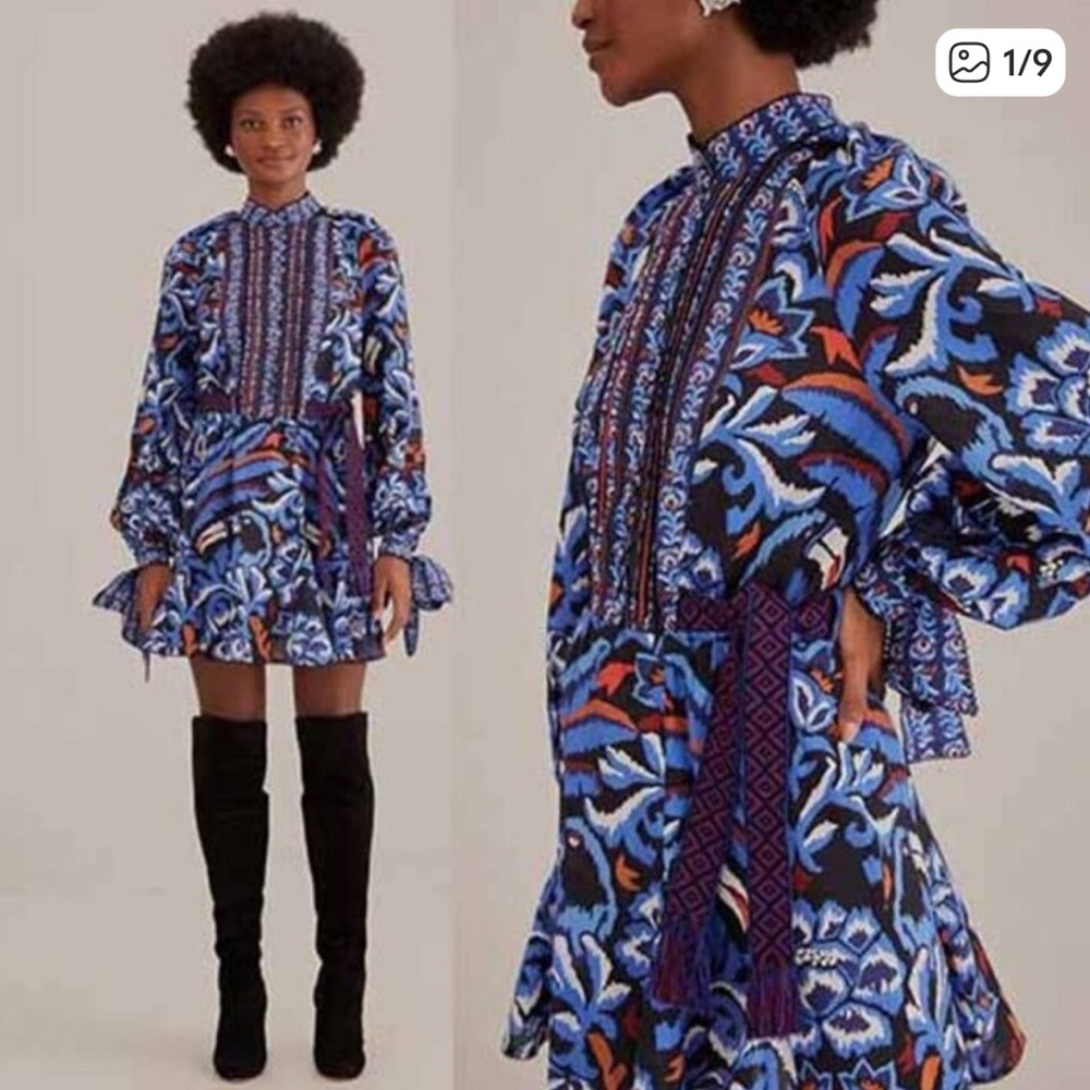 FARM Rio Robe Black Toucans Long Sleeve Blue Print Mini Dress